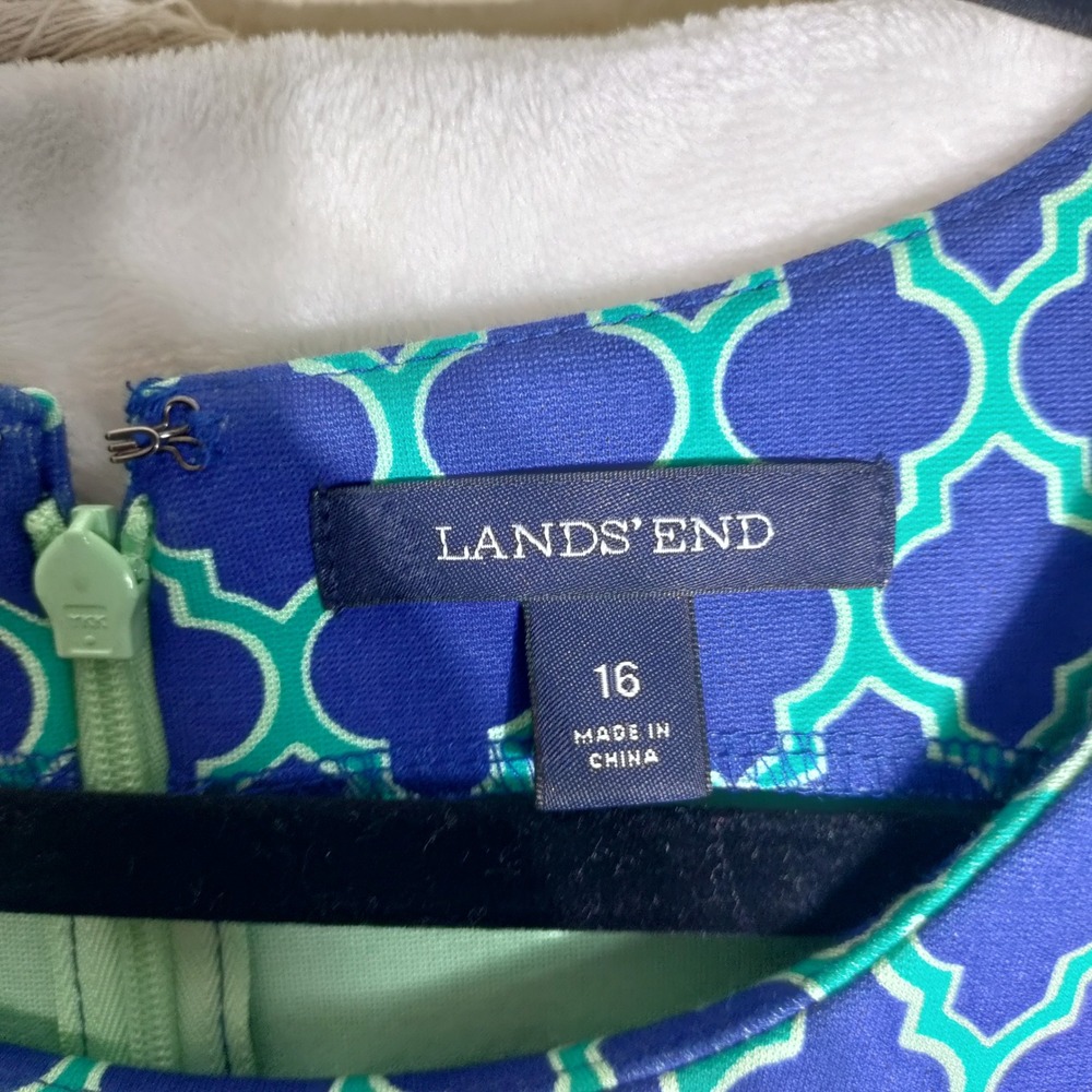 Lands End Womens Blue Teal Quatrefoil Sleeveless Sheath Dress Size 16 Ponte Knit - Picture 3 of 7